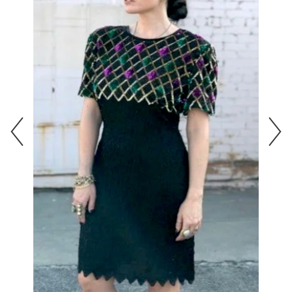 Party dress Mark & John by Gopal Vintage 1980’s Gold purple green Beaded 🎷🎉(M)